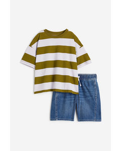 2-piece T-shirt And Shorts Set Denim Blue/olive Green Striped