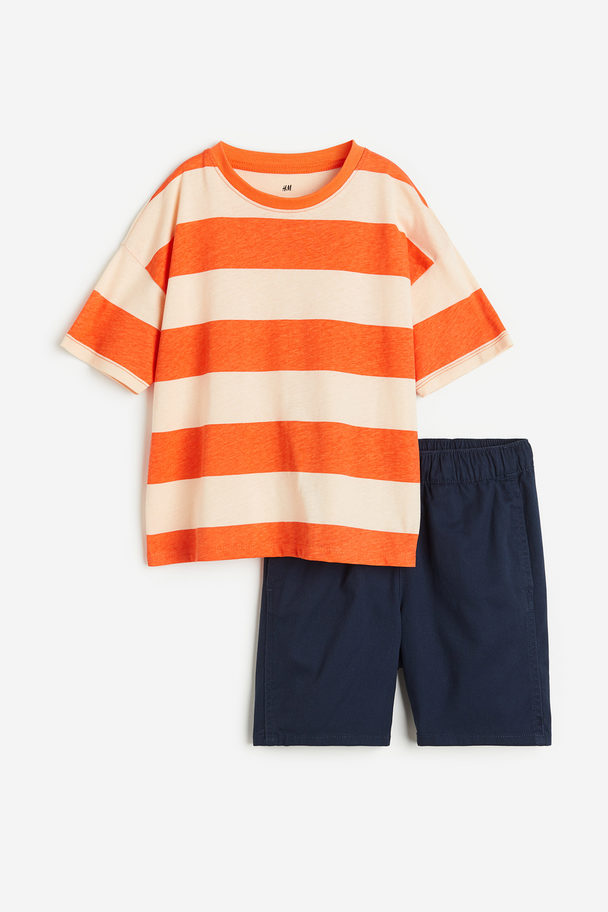 H&M 2-piece T-shirt And Shorts Set Bright Orange/striped