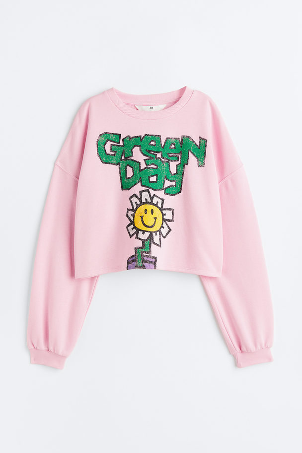 H&M Boxy Sweatshirt Med Trykk Lys Rosa/green Day