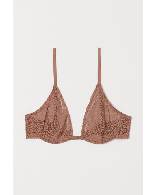 H&M Non-padded Underwired Lace Bra Light Brown/leopard Pattern