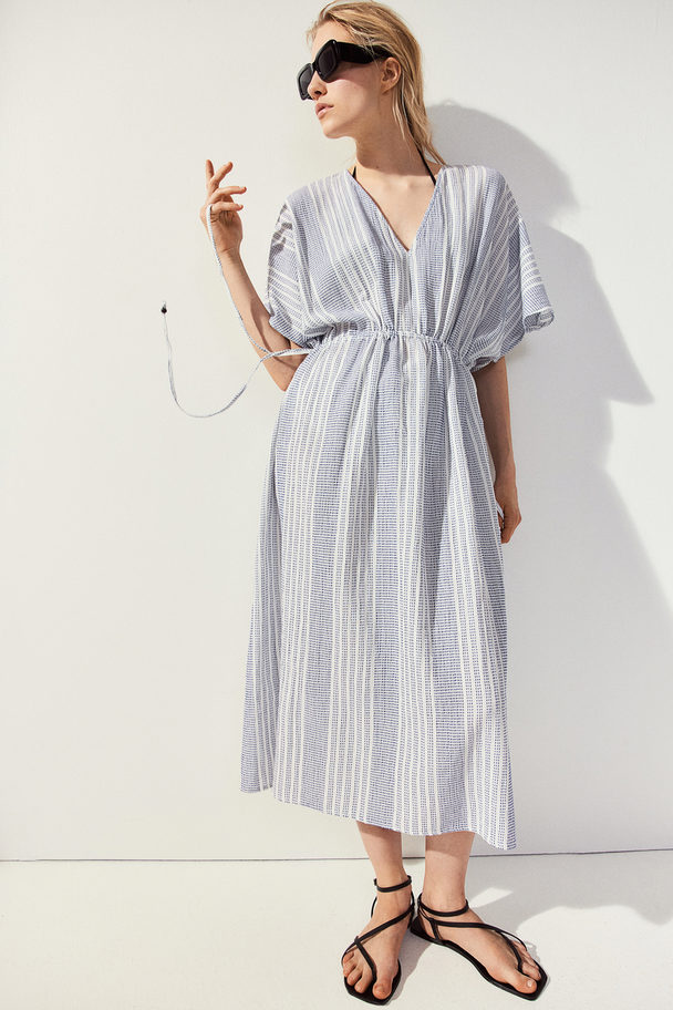 H&M Drawstring-detail Kaftan Dress White/blue Striped