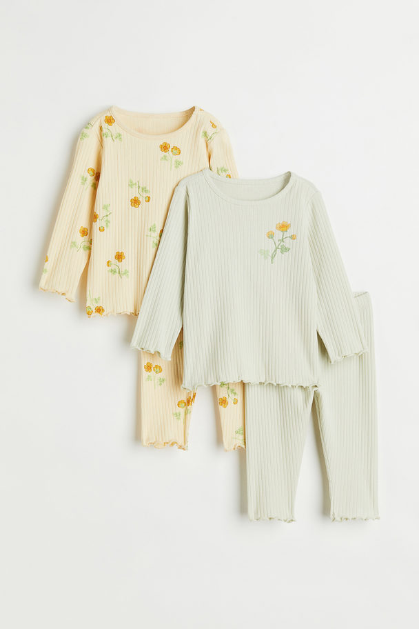 H&M 2-pack Ribbed Cotton Pyjamas Light Green/floral