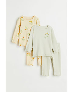 2-pack Ribbed Cotton Pyjamas Light Green/floral