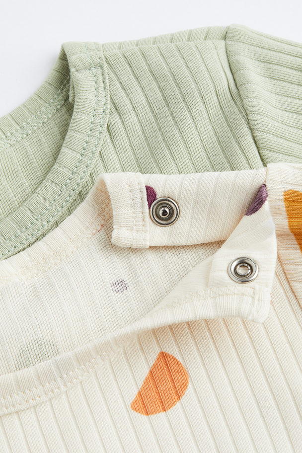 H&M 2er-Pack Gerippte Schlafanzug aus Baumwolle Helles Salbeigrün/Cremefarben