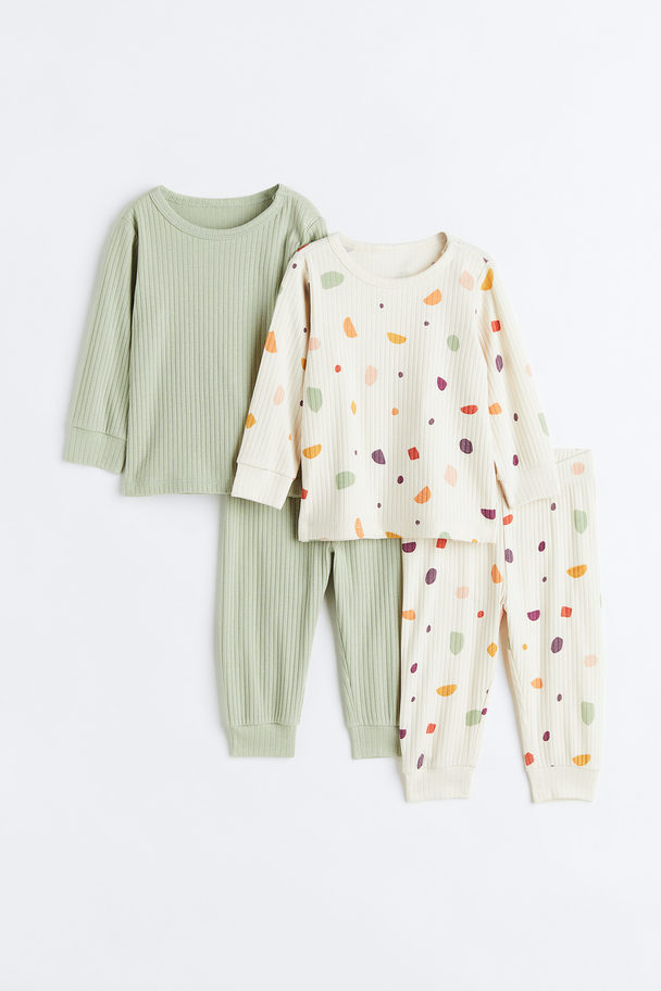 H&M 2-pack Ribbed Cotton Pyjamas Light Sage Green/cream
