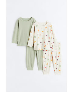 2-pack Ribbed Cotton Pyjamas Light Sage Green/cream