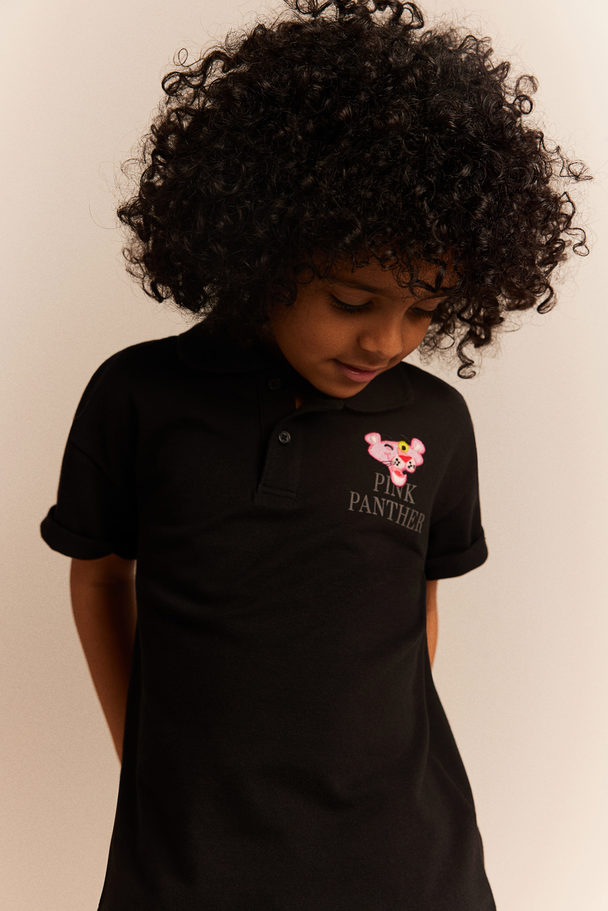 H&M Cotton Piqué Polo Shirt Black/pink Panther
