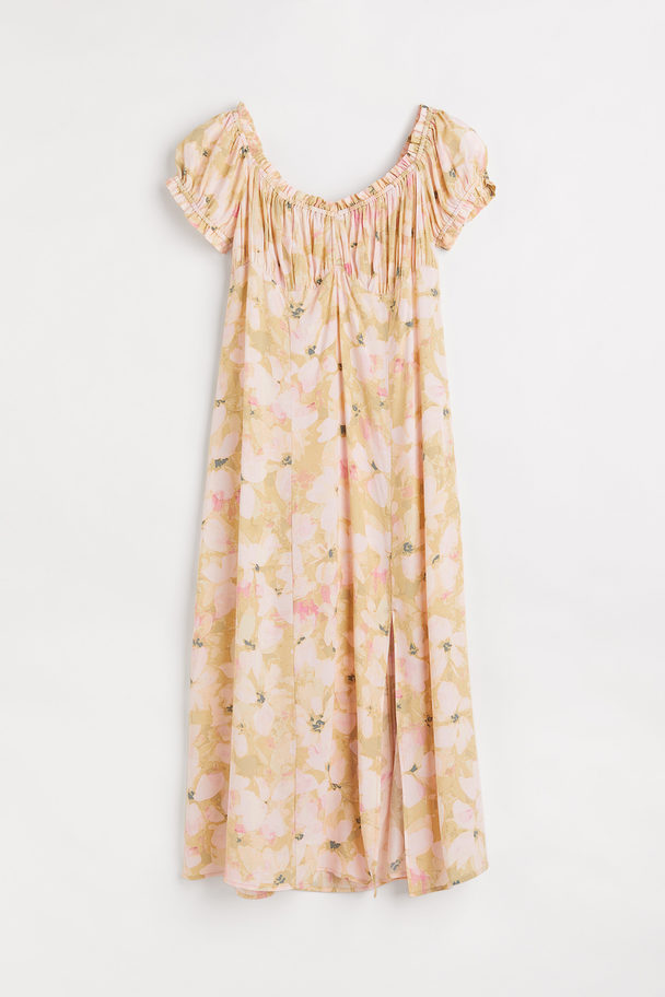 H&M H&m+ Floral Puff-sleeved Dress Light Beige/floral