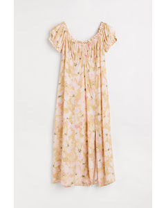 H&m+ Floral Puff-sleeved Dress Light Beige/floral