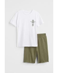 Pyjama T-shirt And Shorts Khaki Green/skate Days
