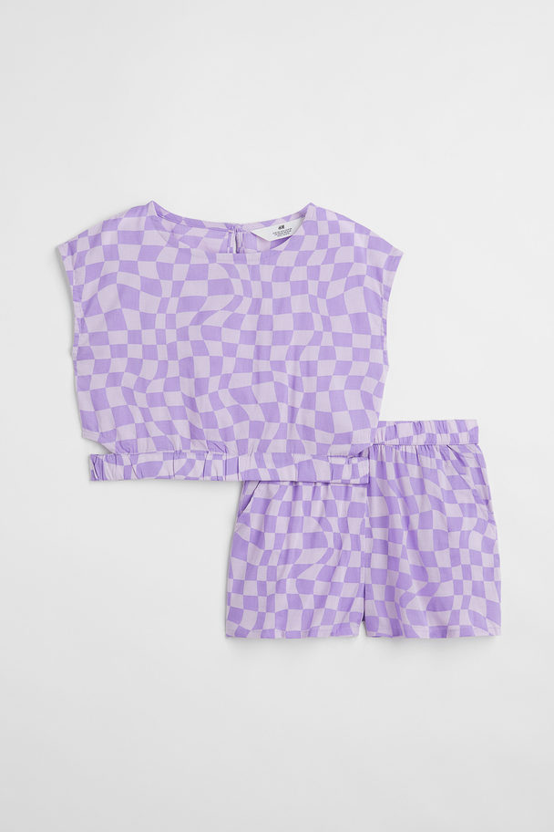 H&M 2-piece Top And Shorts Set Light Purple/checked