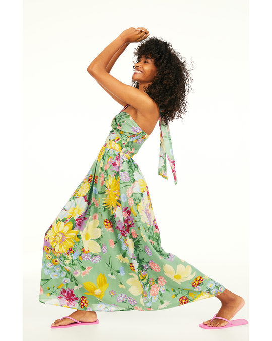 H&M Long Halterneck Dress Green/floral