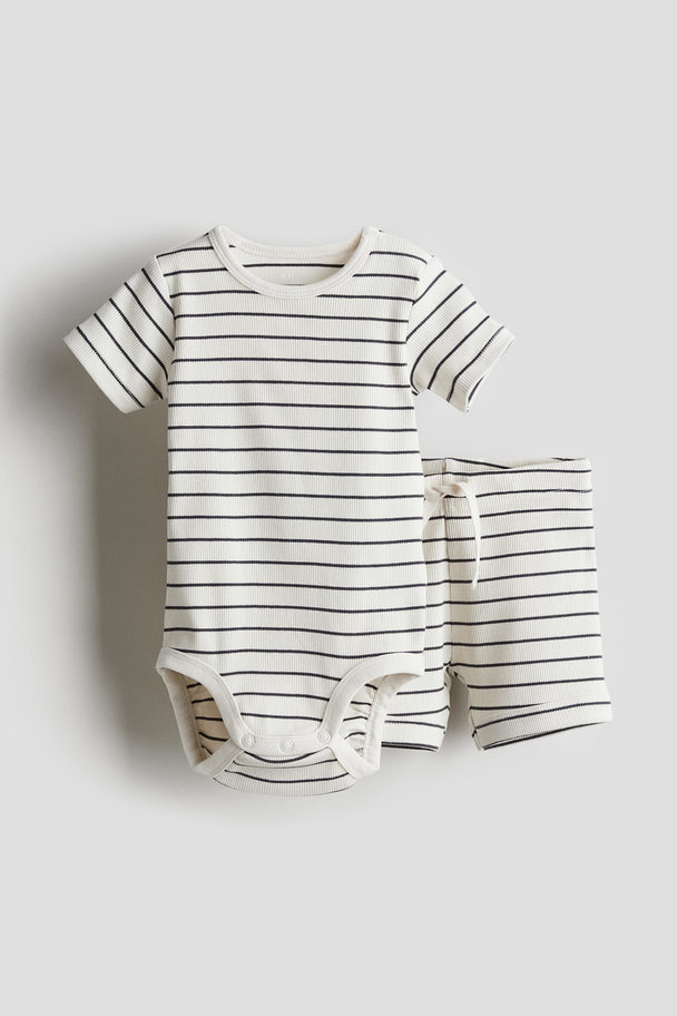 H&M 2-piece Ribbed Cotton Set Cream/striped