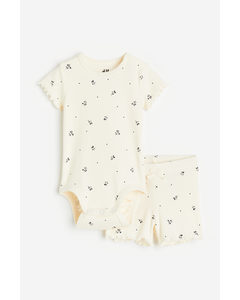 2-piece Ribbed Cotton Set Cream/small Flowers