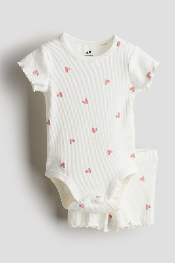 H&M 2-piece Ribbed Cotton Set White/hearts