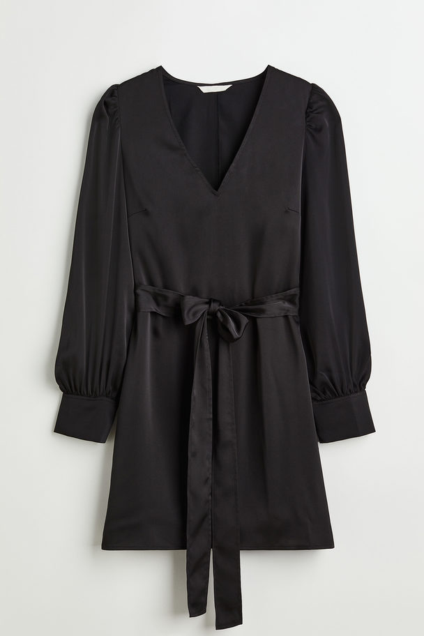 H&M Balloon-sleeved Satin Dress Black