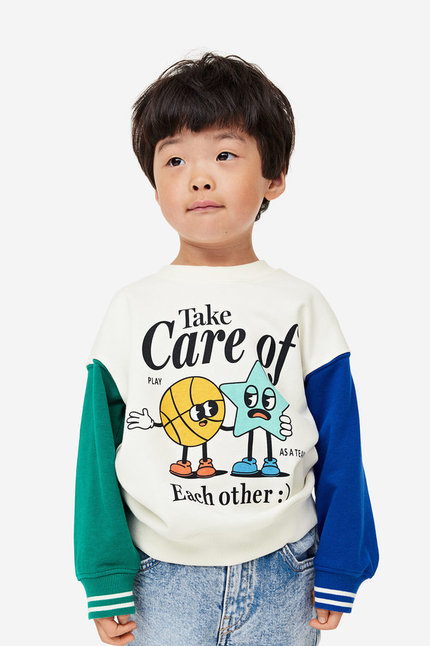 H&M Sweatshirt Med Tryck Vit/blockfärgad