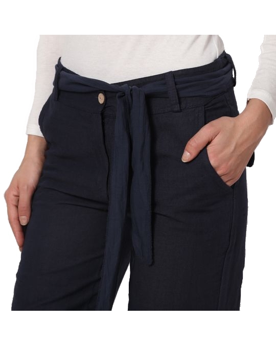 Le Jardin du Lin Slim Fit Pant With Pockets And Scarf Belt