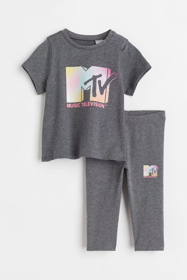 H&M 2-delat Set Med Tryck Mörk Gråmelerad/mtv