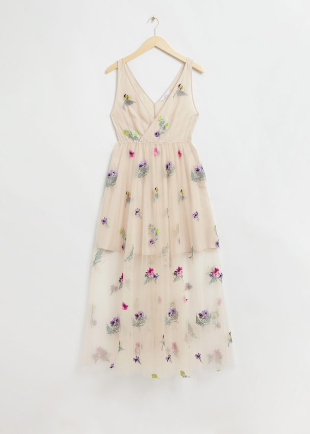 & Other Stories Embellished Gathered Tulle Dress Light Beige Floral Embroidery