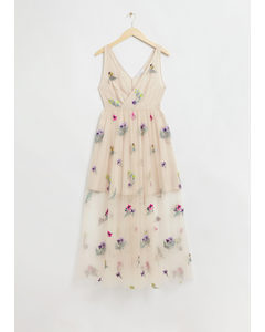 Embellished Gathered Tulle Dress Light Beige Floral Embroidery
