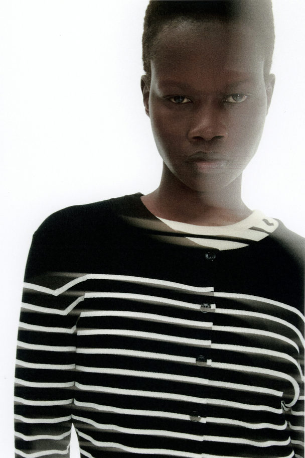 H&M Fine-knit Cardigan Black/white Striped