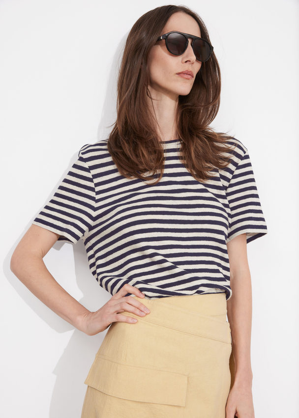 & Other Stories Linen-blend T-shirt Navy/cream Stripes