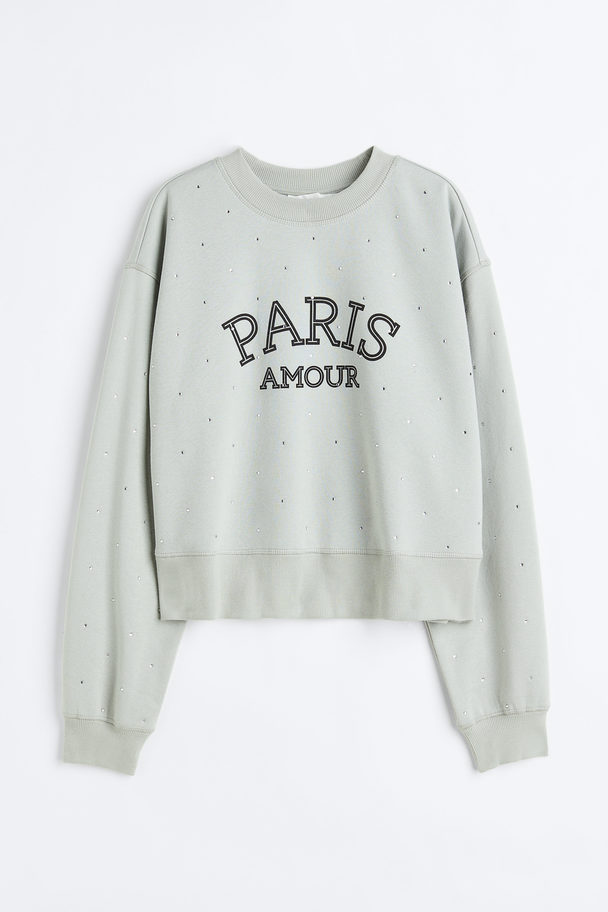 H&M Sweatshirt Med Strass Salviagrön/paris Amour