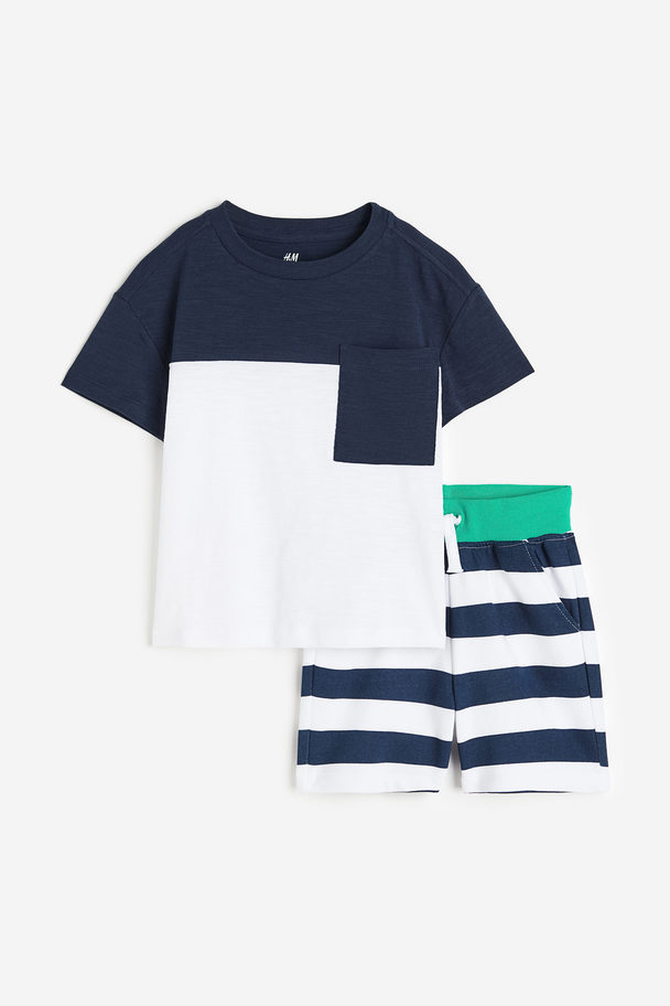 H&M 2-piece T-shirt And Shorts Set Dark Blue/white