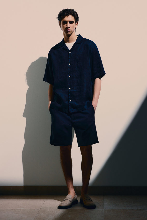 H&M Relaxed Fit Linen Resort Shirt Navy Blue