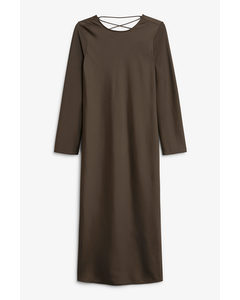 Langærmet Brun Midi-kjole Med Bindebånd Bag Mørkebrun