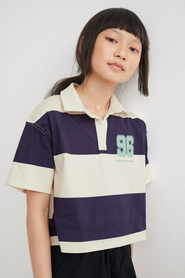 H&M Cropped Rugby Shirt Navy Blue/block-striped