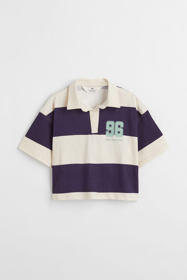 H&M Cropped Rugby Shirt Navy Blue/block-striped
