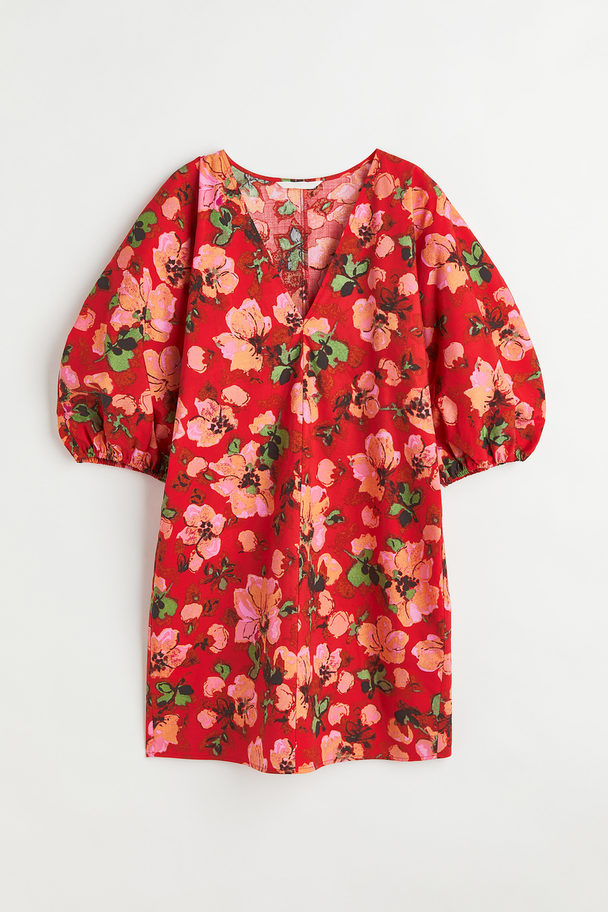 H&M Kleid mit V-Ausschnitt Rot/Geblümt