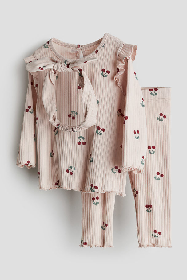 H&M 3-piece Ribbed Set Dusty Pink/cherries