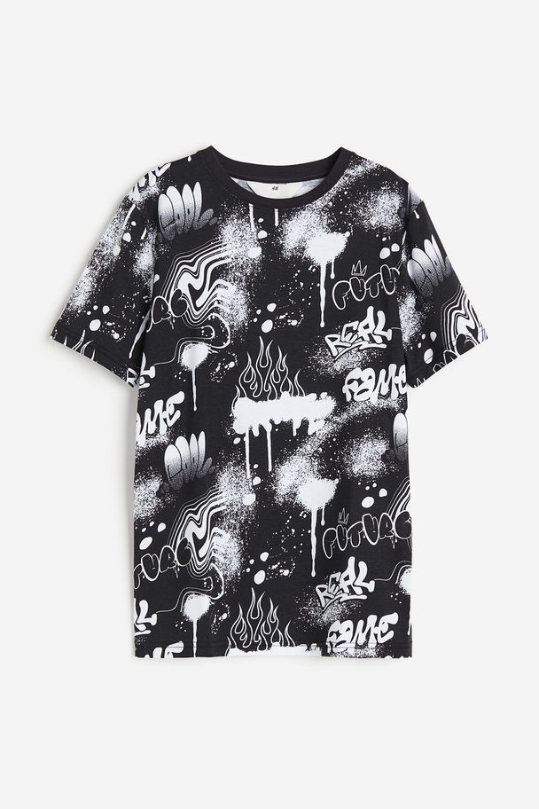 H&M T-shirt I Bomull Med Trykk Sort/mønstret