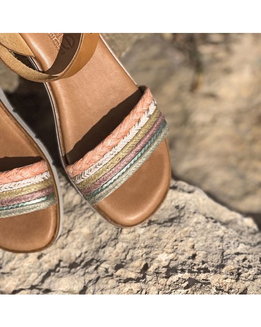 Liberitae Freyla, Wedge Sandals In Leather And Multi-colored Raffia