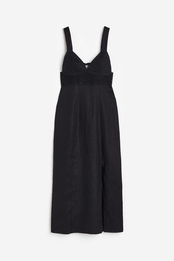 H&M Linen Dress With Broderie Anglaise Black