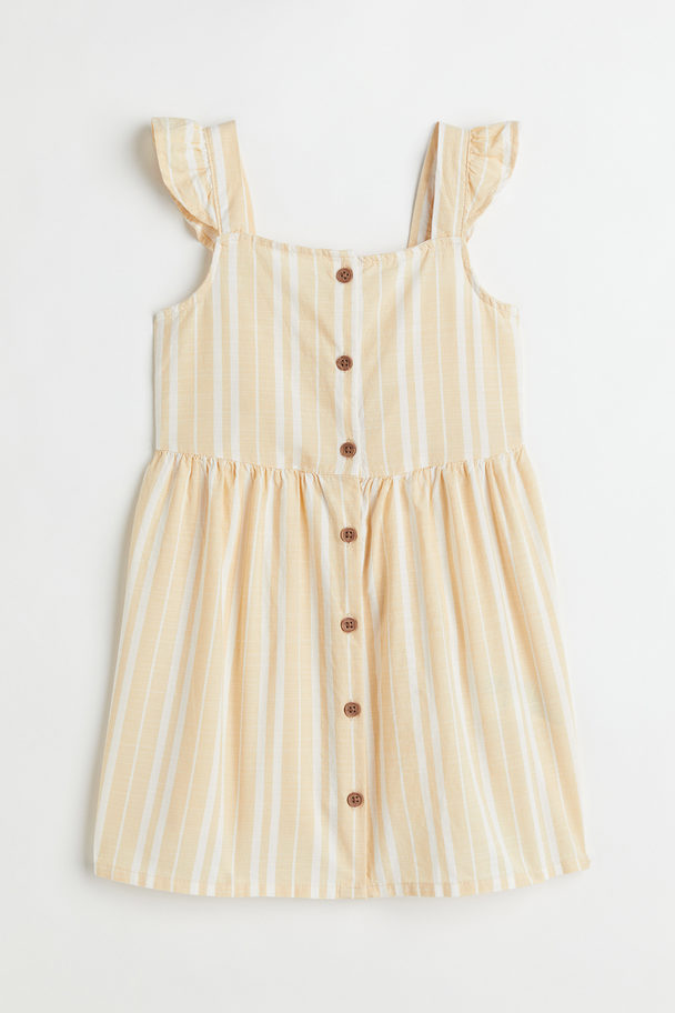 H&M Flounce-trimmed Cotton Dress Light Yellow/striped
