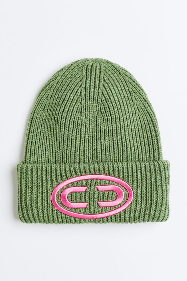 H&M Embroidered Rib-knit Hat Green/pink