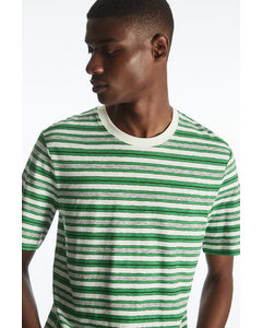 Striped Linen-blend T-shirt Bright Green / White / Striped