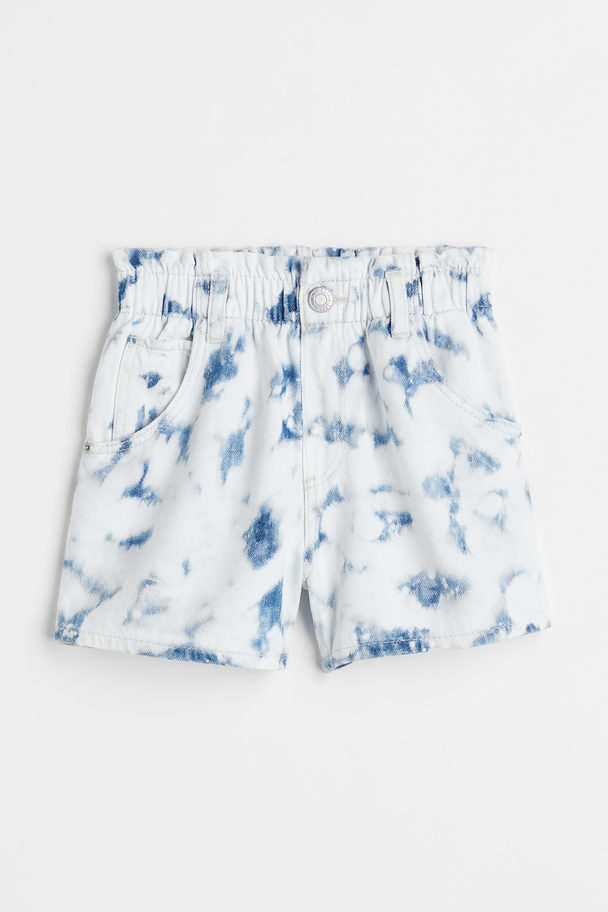 H&M Paperbag-Shorts aus Baumwolldenim Blassblau/Batikmuster