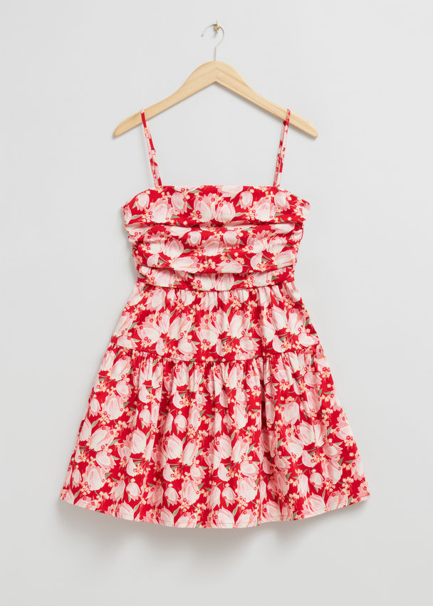 & Other Stories Babydoll-Kleid mit Faltendetails Knallroter Blumenprint