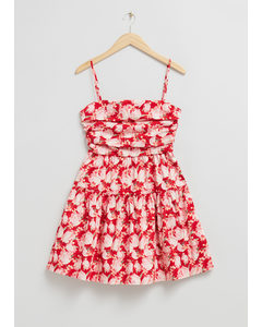 Babydoll Pleated Bodice Dress Bright Red Floral Print