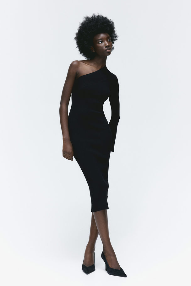 H&M Ribbad One Shoulder-klänning Svart