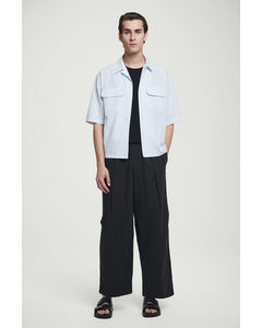 Pleated Wide-leg Chambray Trousers Black