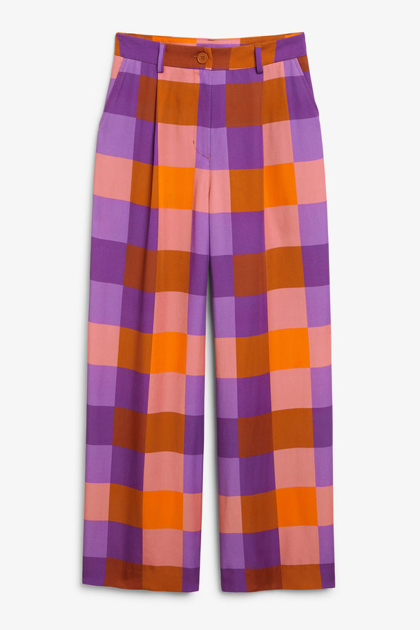Monki Purple And Orange Check Pattern Wide Leg Trousers Purple & Orange