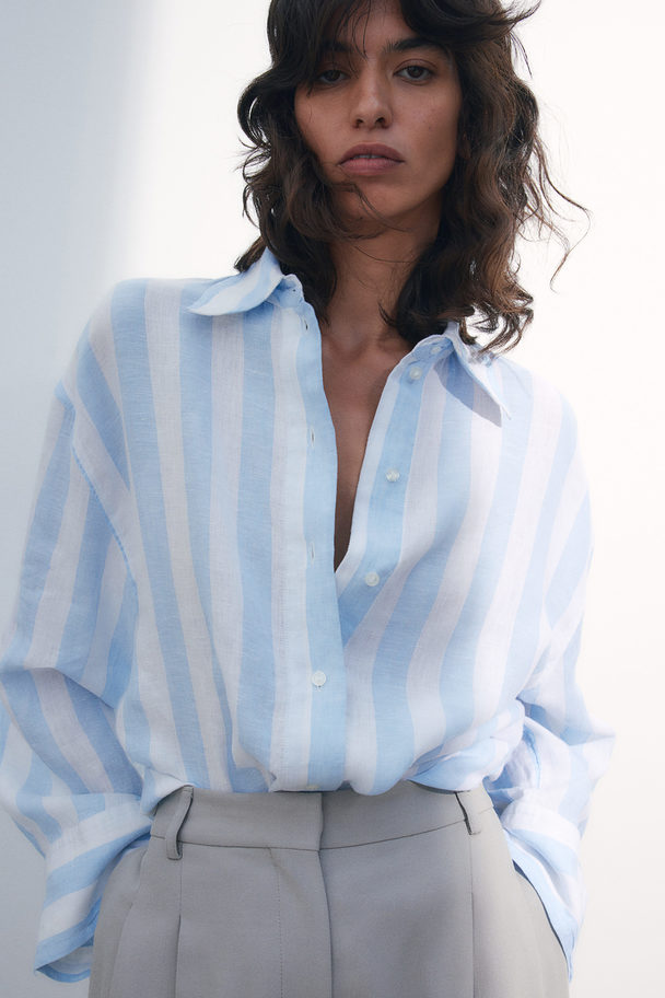 H&M Linen Shirt Light Blue/striped