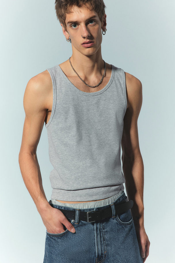 H&M Geribde Tanktop - Slim Fit Grijs Gemêleerd