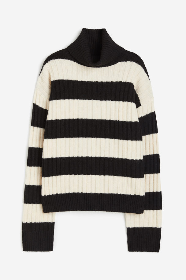 H&M Rib-knit Polo-neck Jumper Black/cream Striped